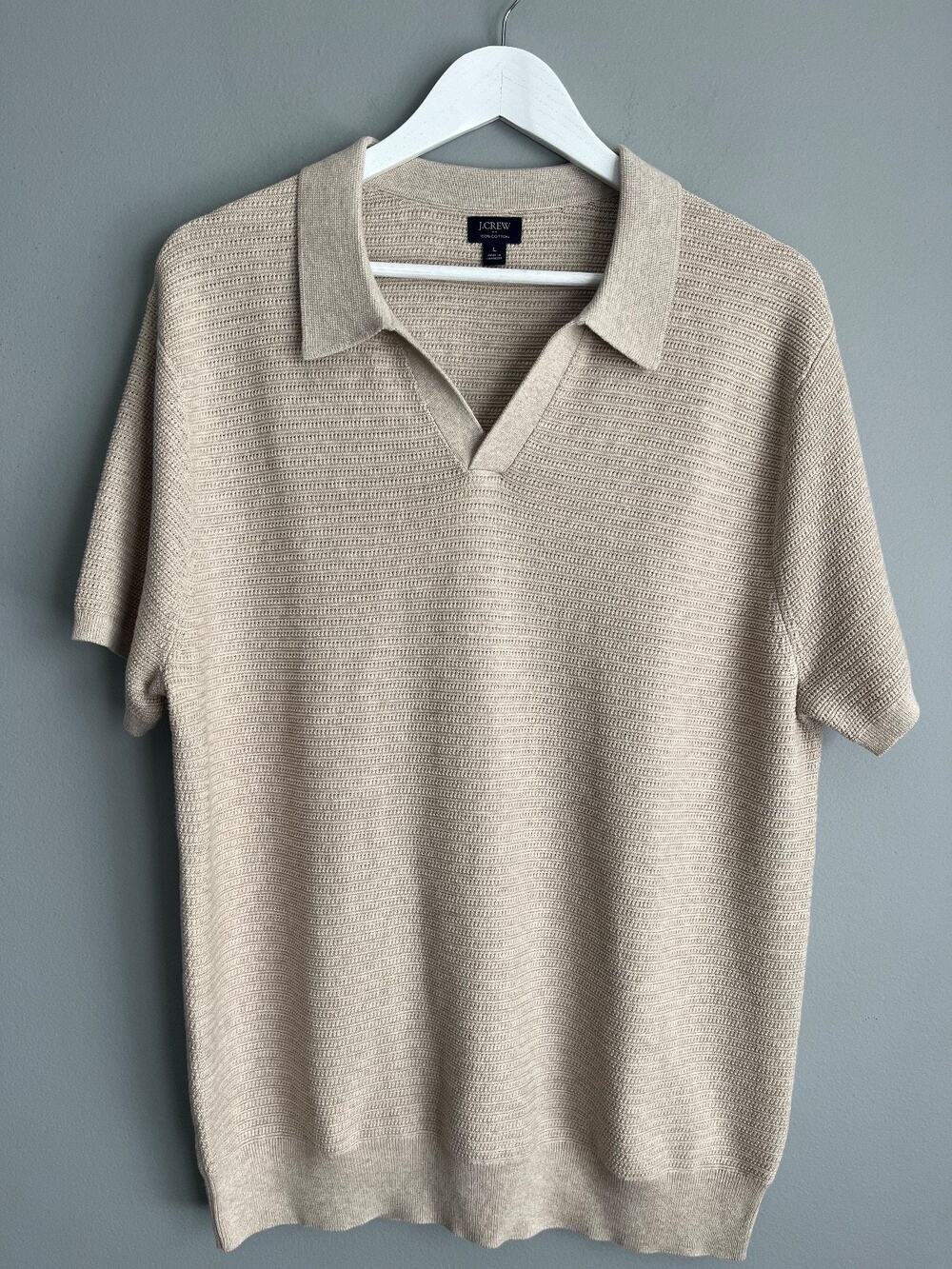 J.Crew Factory Mens L Textured Knit Sweater Polo Beige 100% Cotton Johnny Collar